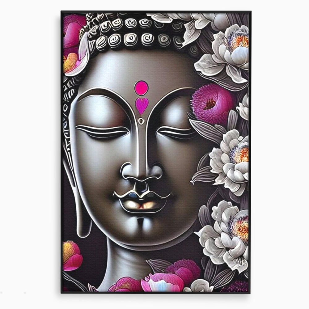 Tablou canvas cu tablou canvas cu chipul lui buddha si flori, in rama de aluminiu negru